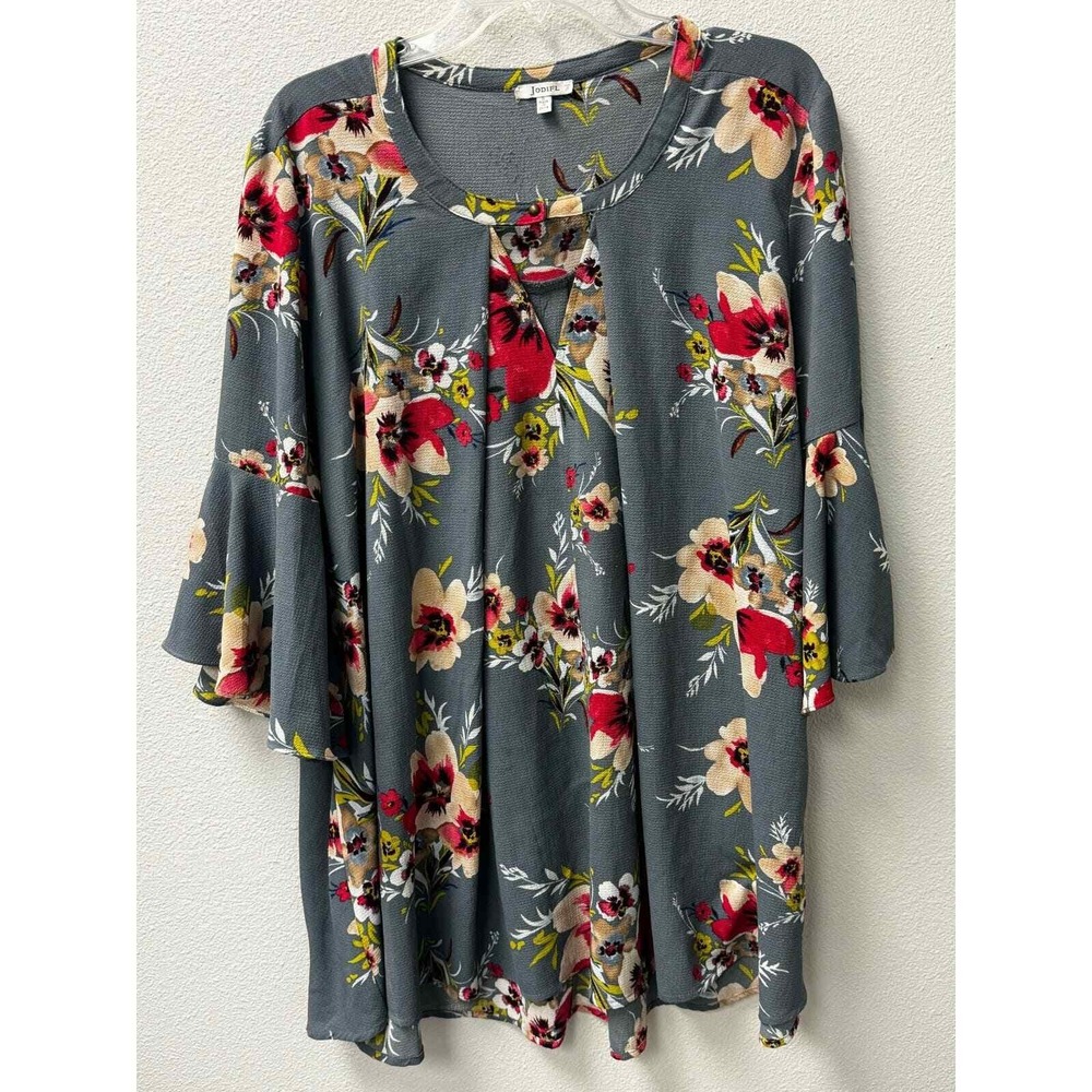 Jodifl Floral Print Bell Sleeve‎ Blouse Top Gray Red Beige